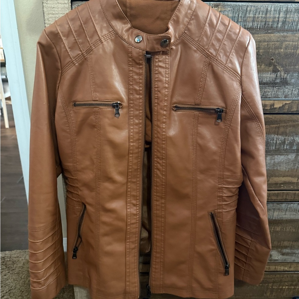 Tan Leather Biker Jacket with Textured Shoulders